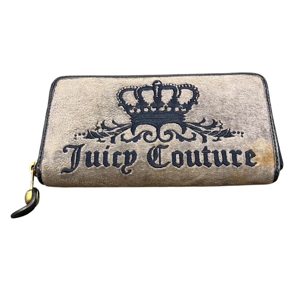 Juicy Couture Wallet Womens OS Gray Velour Y2K Crown Logo Zip Around Long Clutch